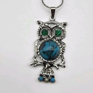 Fab Vintage 70's Faux Turquoise owl pendant necklace rhinestone bird retro